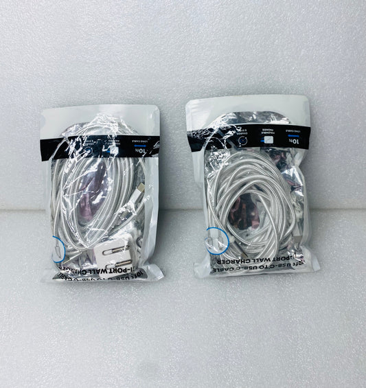#221 - Lot Of 3 -(2) 10' USC-C To USB-C Cables & One Wall Charger Brick - (IN CONDITION AS SHOWN)