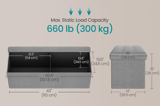New Open Box SONGMICS 43.3" Folding Storage Ottoman Bench, Light Gray