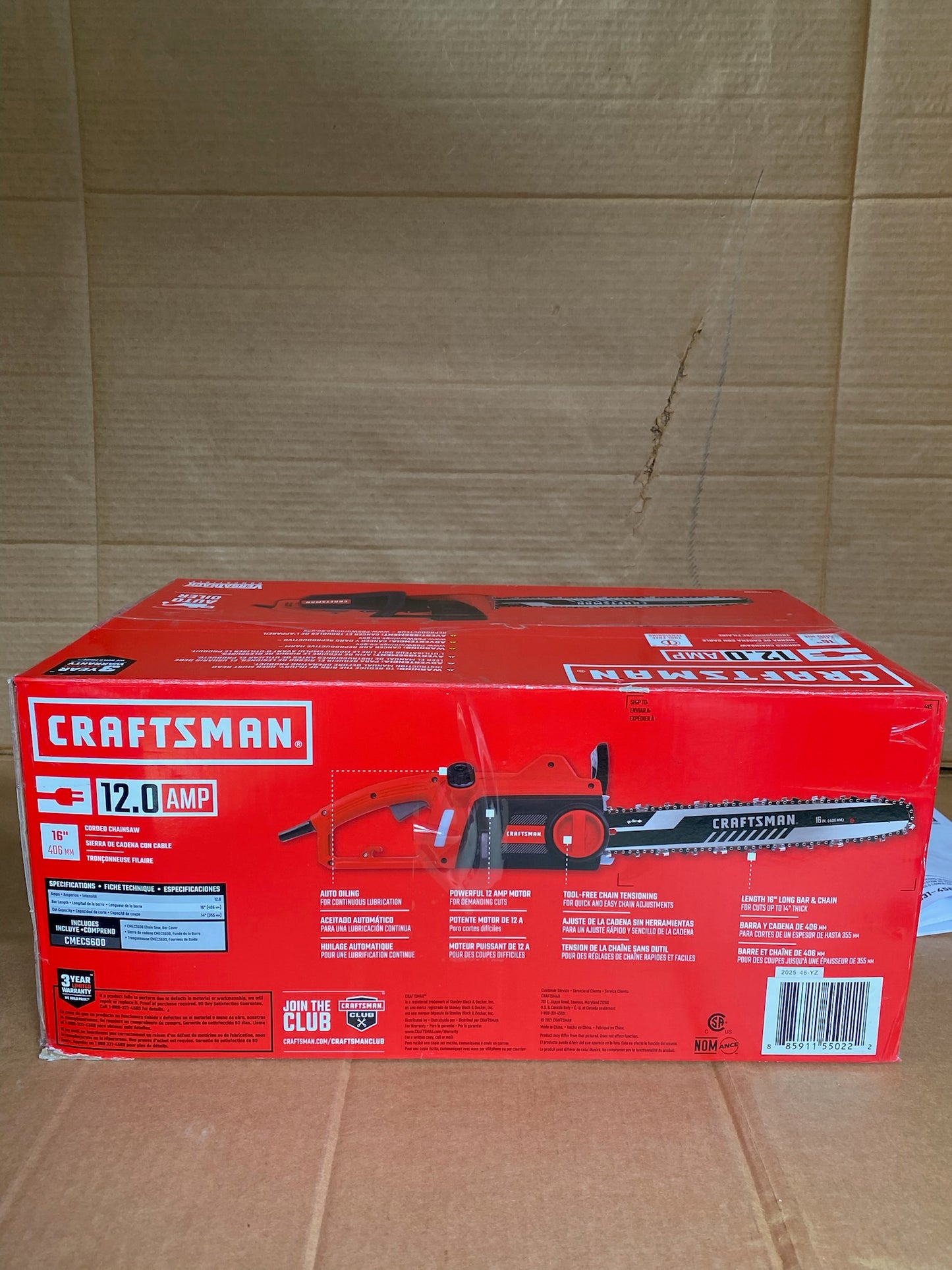 CRAFTSMAN 16" 12 Amp Electric Corded Chainsaw, Red/Black