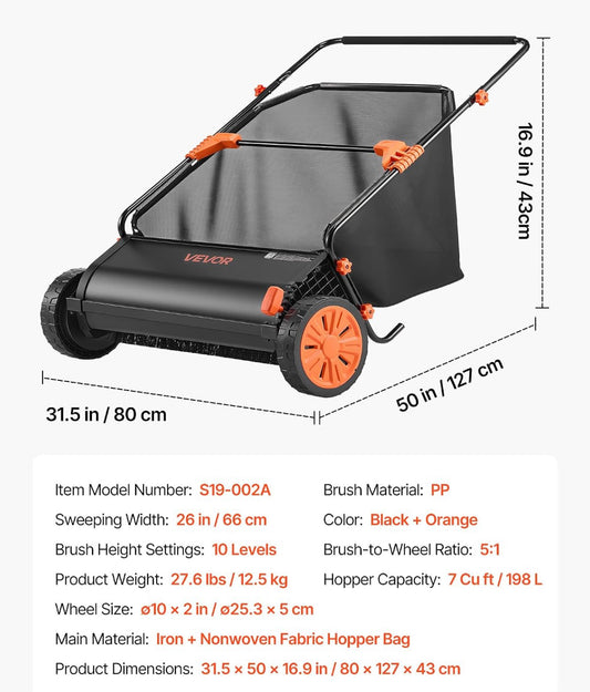 New Other VEVOR Push Lawn Sweeper 26” Leaf/Grass Collector 7 cu. ft. Hopper Bag