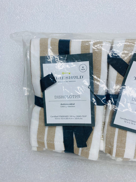 Lot Of 12 - New Threshold Antimicrobial Dishcloths, 12" x 12", Taupe & White