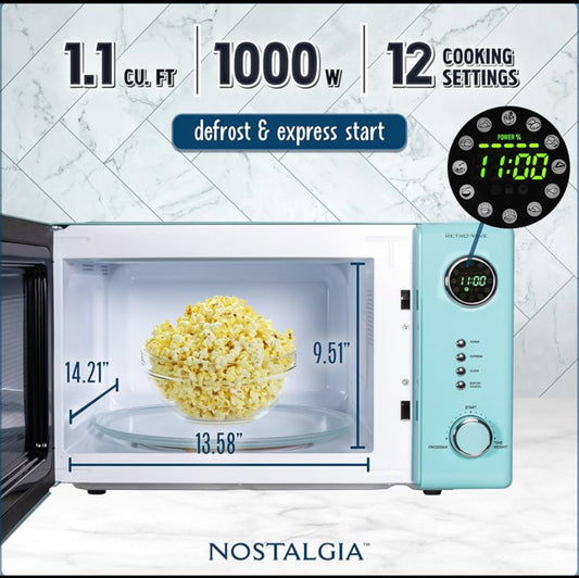 New Open Box Nostalgia 1000 Watt 1.1 Cu Ft Retro Countertop Microwave Oven, Aqua