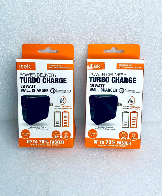 Lot Of 2 - New Itek Power Delivery Turbo Charge 38 Watt Wall Charger Black