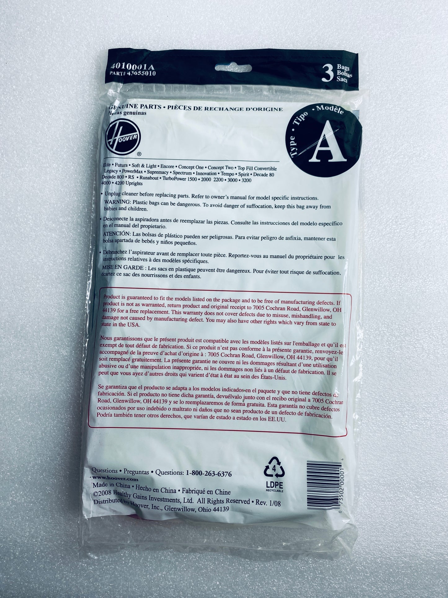 Set Of 9 New Hoover Type A "Genuine Parts" Vacuum Cleaner Bags 4010001A/43655010