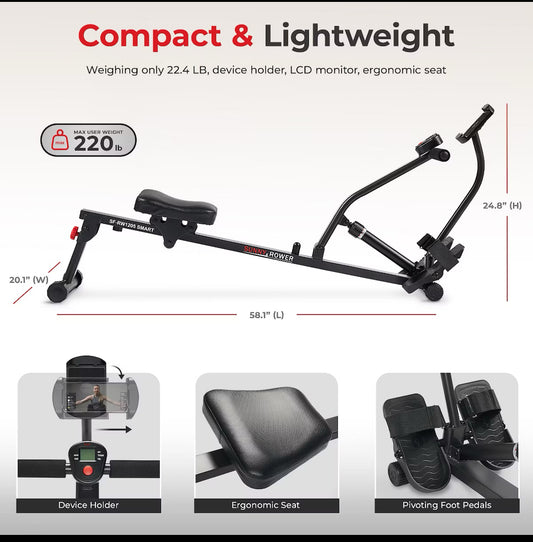 New Other Sunny Health & Fitness Compact Rowing Machine With Bluetooth