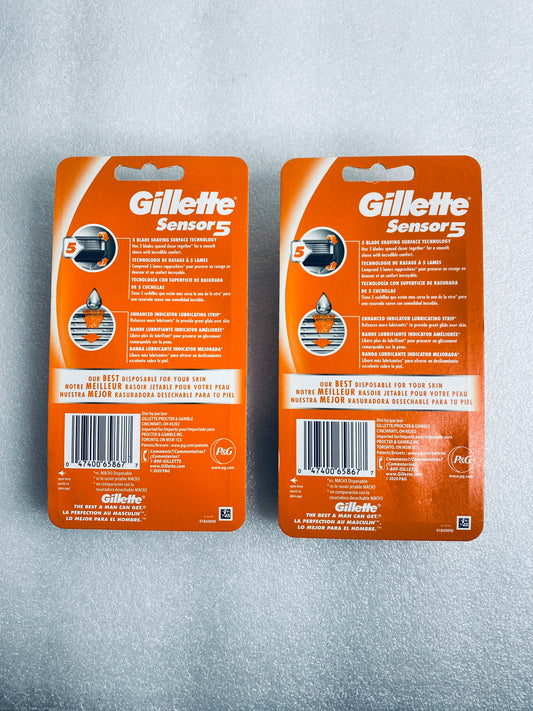 Set Of 4 - New Gillette Sensor Men's 5 Blade Disposable Razors, 4 Count Total