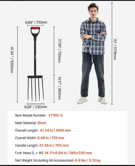 New Other VEVOR 41” Garden Fork 5-Tine Gardening Pitchfork With Metal, Black