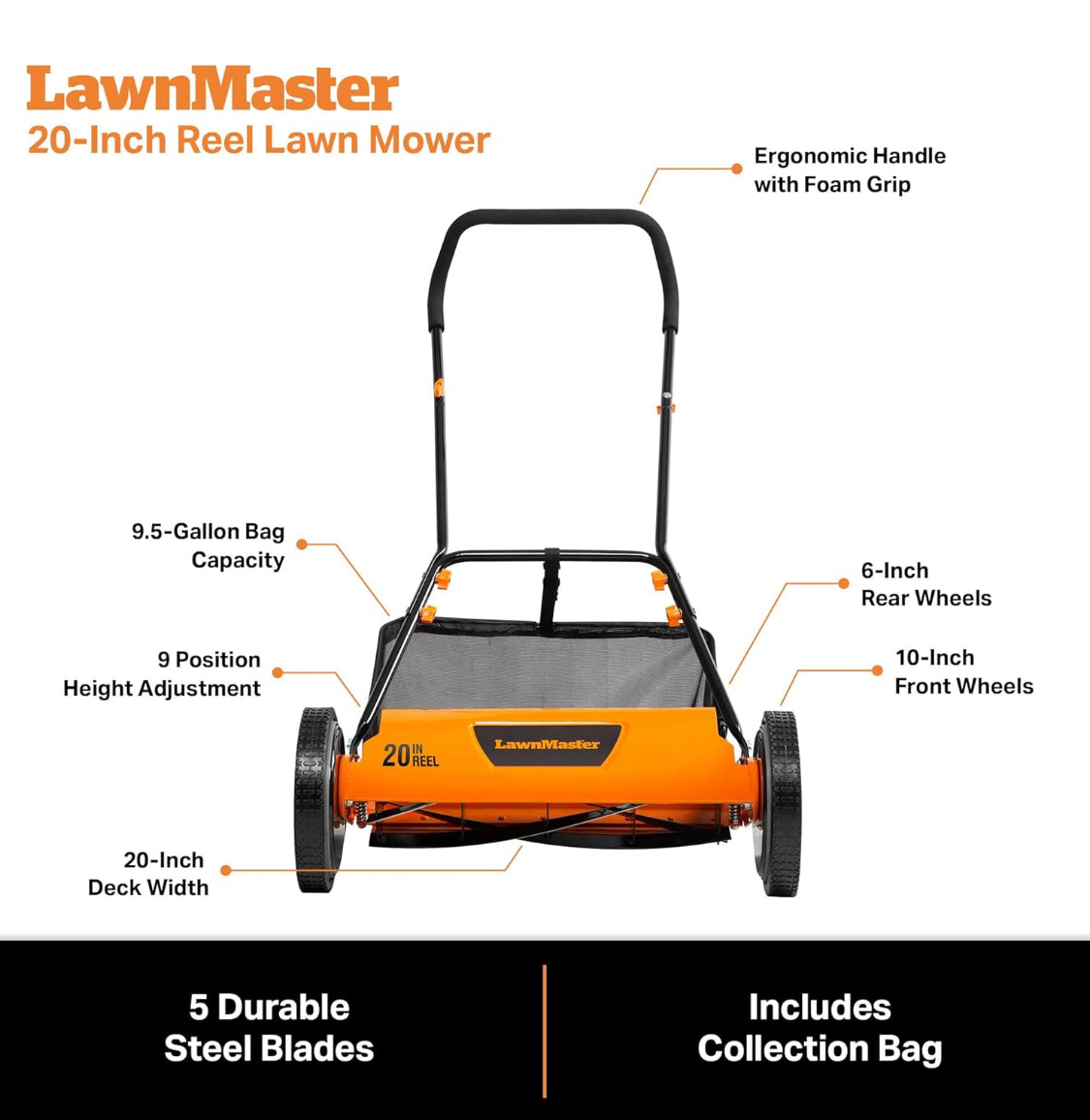 New Other LawnMaster 20” 5-Blade Push Reel Lawn Mower, Orange/Black