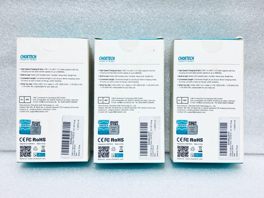 lot Of 3 New Other - Choetech USB-C To USB-C (2) 6.6ā & (1) 4ā Cable Set, Black