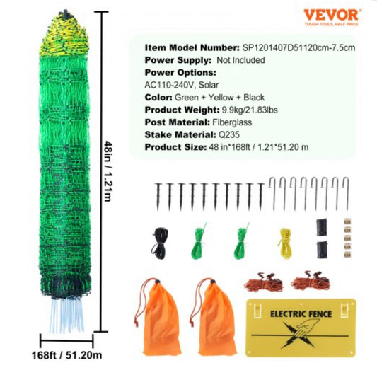 New VEVOR 48" H x 168' L Electric Fence Netting W/ Posts & Double-Spiked Stakes
