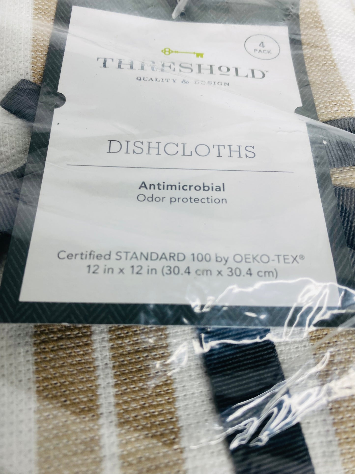 Lot Of 12 - New Threshold Antimicrobial Dishcloths, 12" x 12", Taupe & White