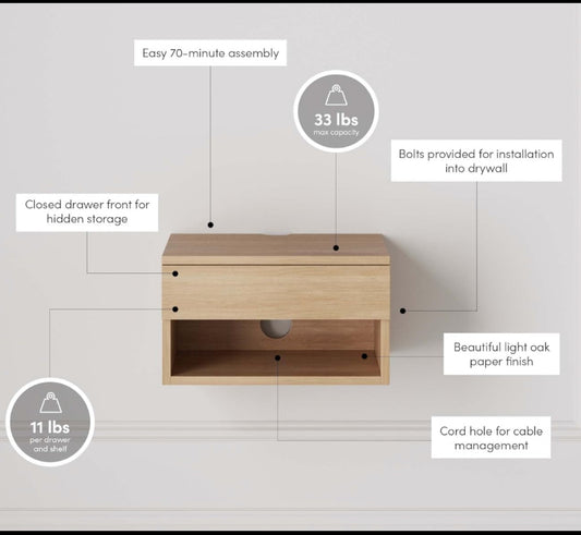 New Open Box Nathan James Jackson Wall Mounted Floating Nightstand