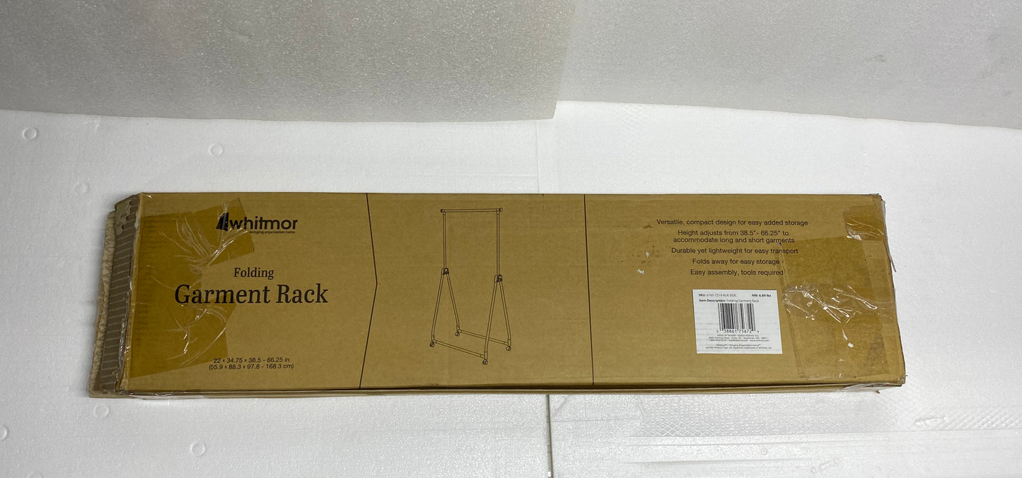 #71 - whitmor Folding Rolling Garment Rack, 38.5" - 66.25", 6765-7519-B - (READ) - (IN CONDITION AS SHOWN)