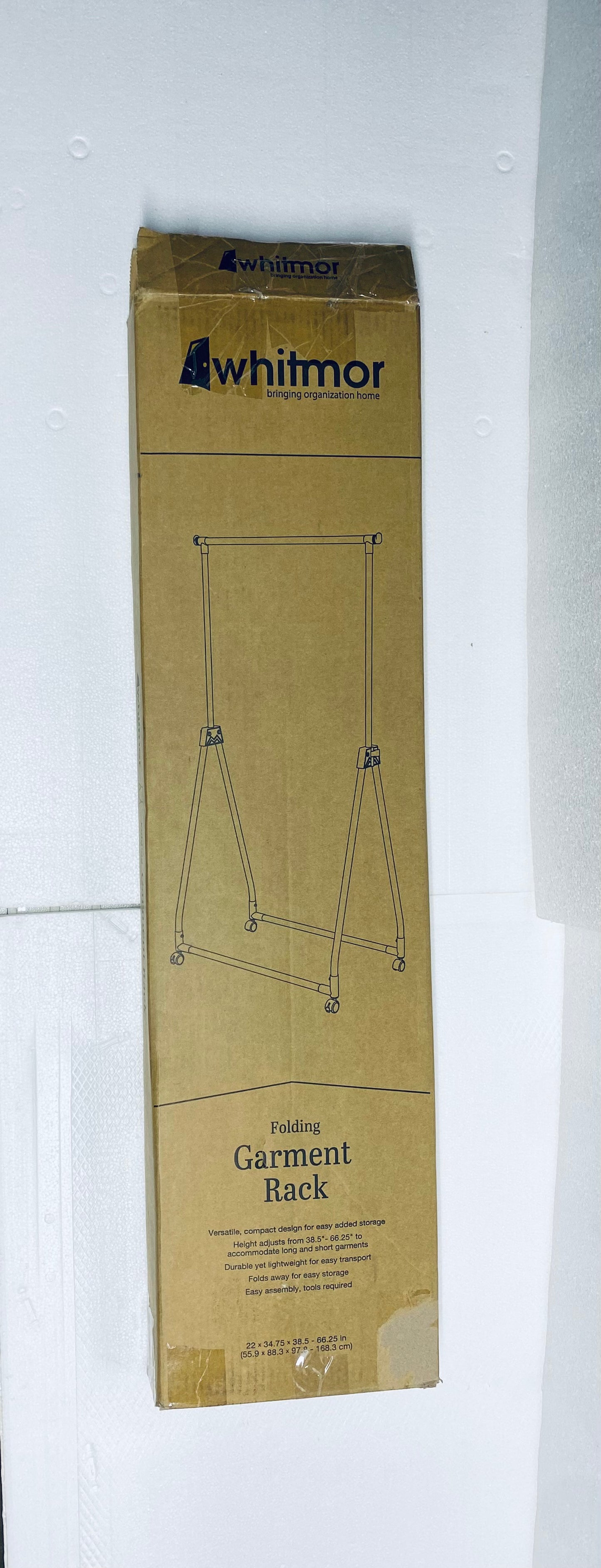 #71 - whitmor Folding Rolling Garment Rack, 38.5" - 66.25", 6765-7519-B - (READ) - (IN CONDITION AS SHOWN)