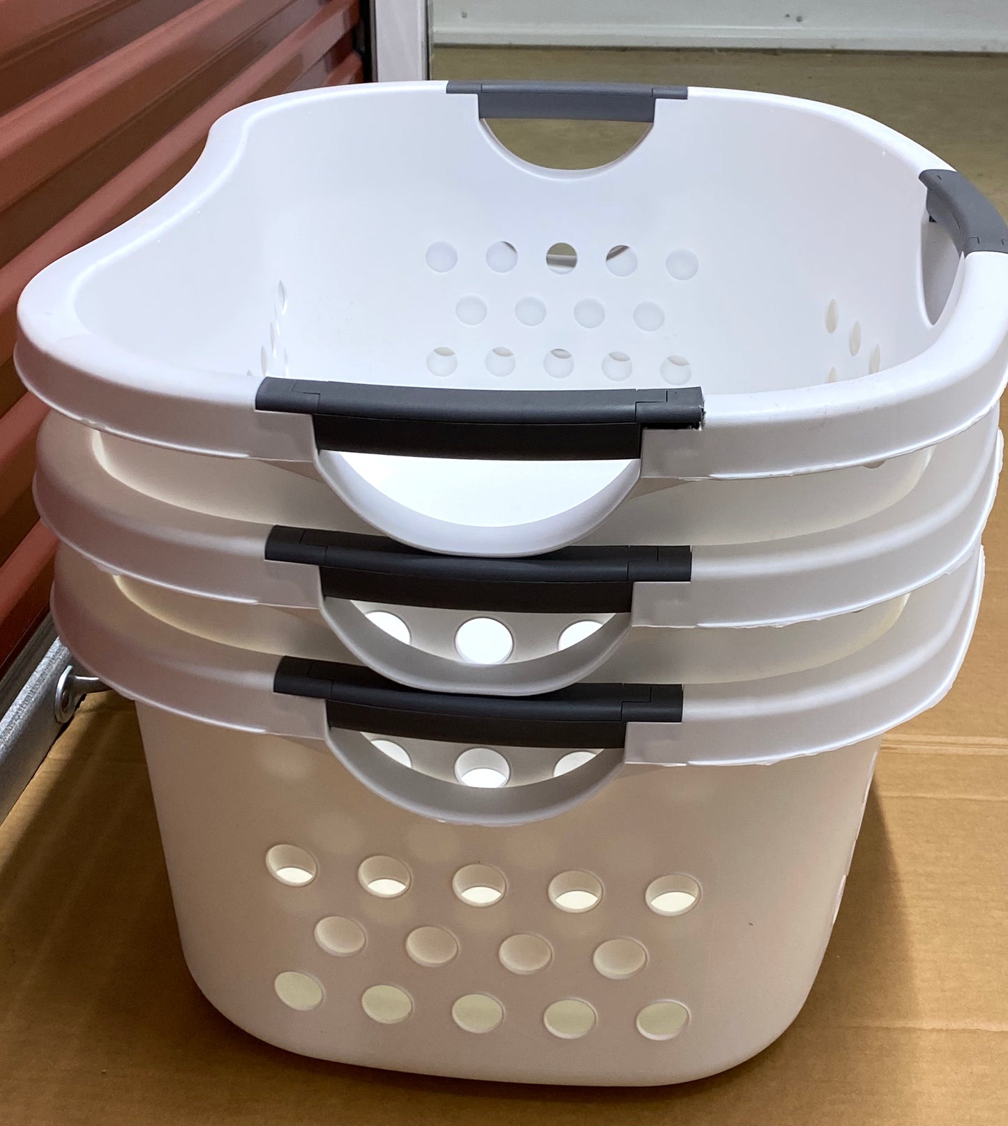 #81 - lot of 3 -New Other Iris USA White Laundry Baskets W/Carry Handles- (READ) - (IN CONDITION AS SHOWN)