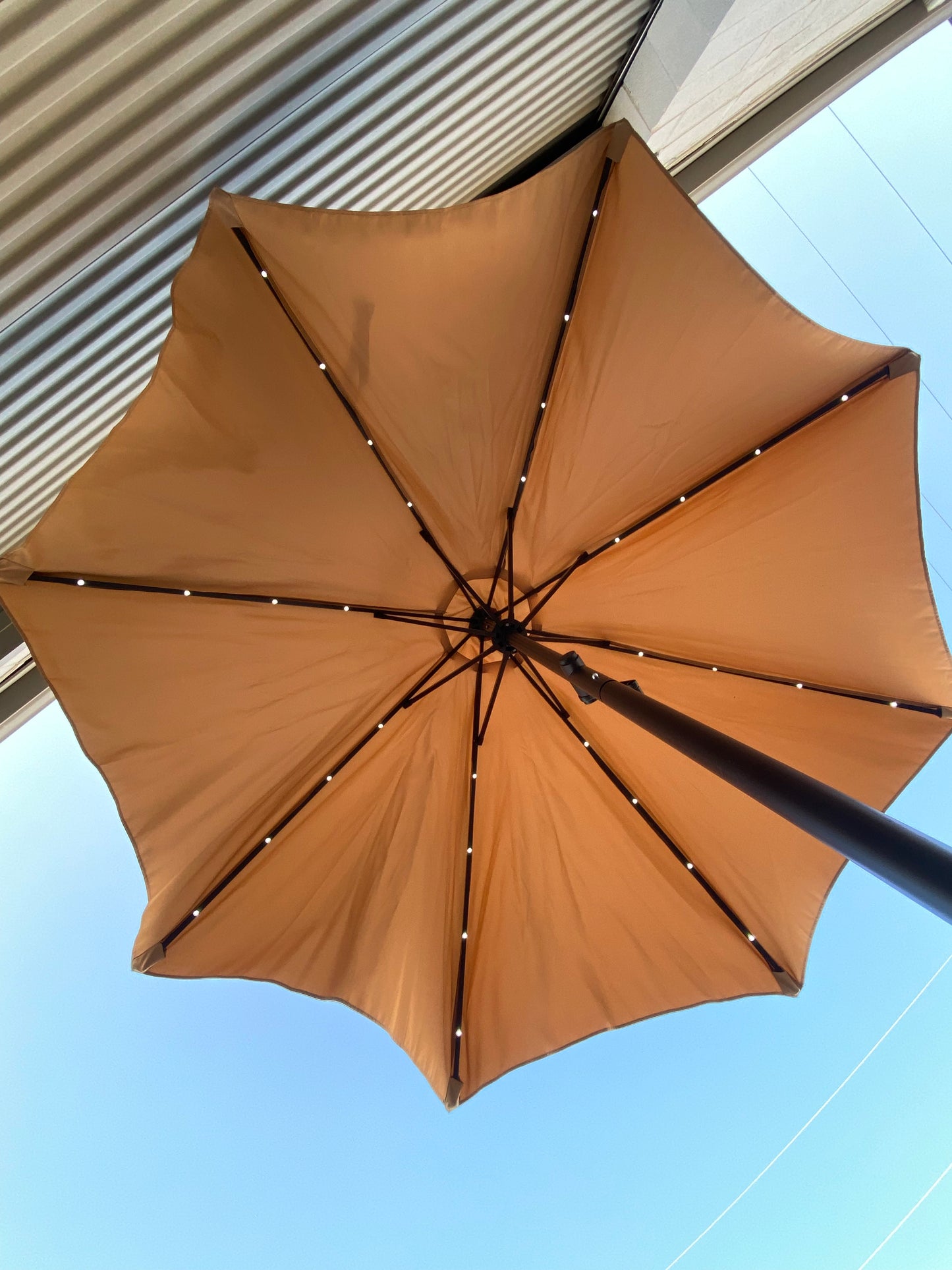 Wikiwiki 9 Foot. Solar 32 LED Lights Patio Umbrella Rectangle Crank Tan - (READ)