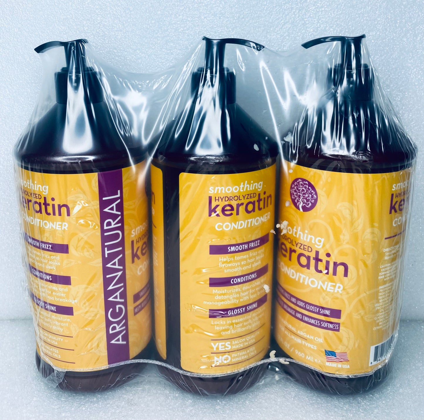 #76 - lot of 3 New Arganatural 32 fl oz (Each) Hydrolyzed Keratin Conditioners - (READ) - (IN CONDITION AS SHOWN)