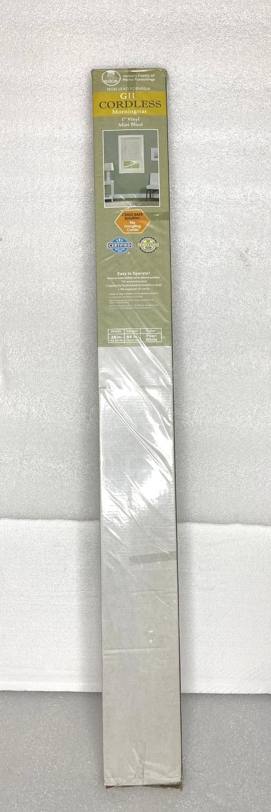 new - Cordless GII Morningstar 1" Vinyl Mini Blind, 38" W x 64" L, Pearl White