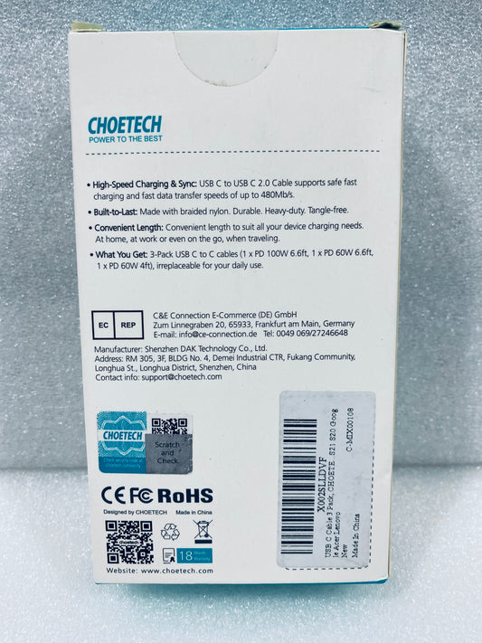 #85 - New - Choetech USB-C To USB-C 100W 6.6' Thick Fast Charge Cable, (1) 60W 6.6ā Cable & (1) 60W 4' Cable, Black - (AS SHOWN)
