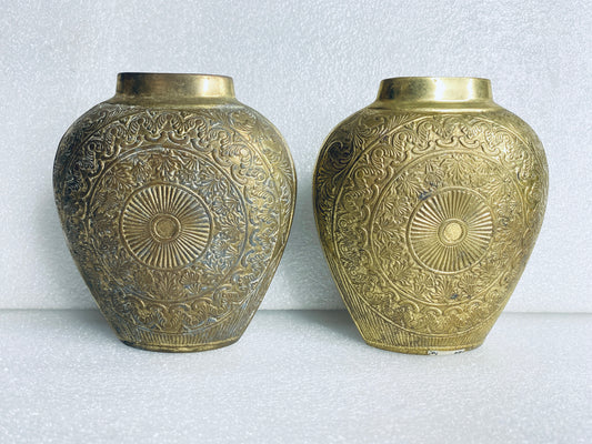 lot of 2 - Vintage Metal Engraved Vases Approx. 5 1/4” x 4 3/4" x 2" Each
