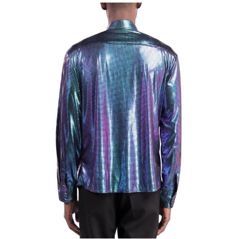 New CloudStyle Men's Small Glossy Fashion Gilded Check Lapel Long Sleeve Shirt