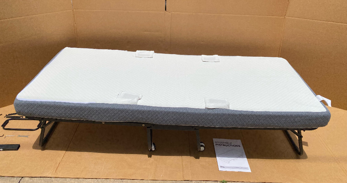 Like New Decofy Folding Twin Size Metal Frame Bed With Memory Foam Mattress