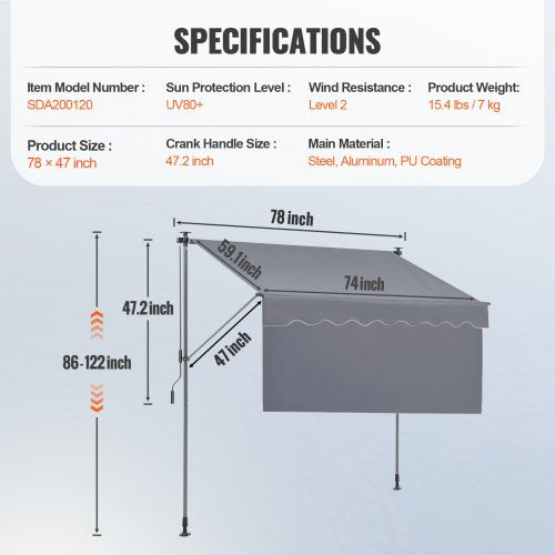 New Other VEVOR 78” Manual Outdoor Retractable Awning Canopy For Patio Door