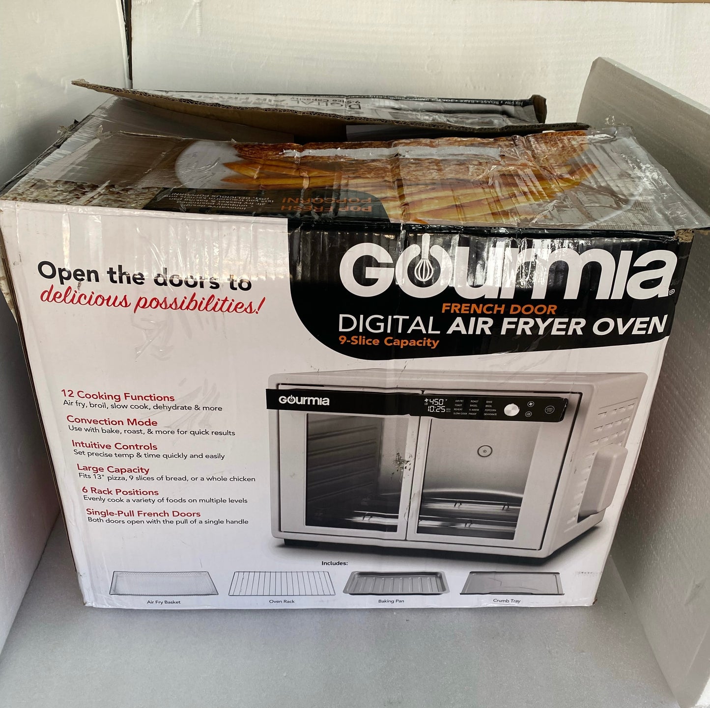 Like New Gourmia 27Qt French Door Air Fryer Oven With  FryForce 360°, White