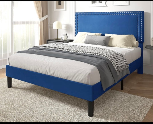 New Vecelo Full Size Platform Bed & Height Adjustable Upholstered Headboard,Blue