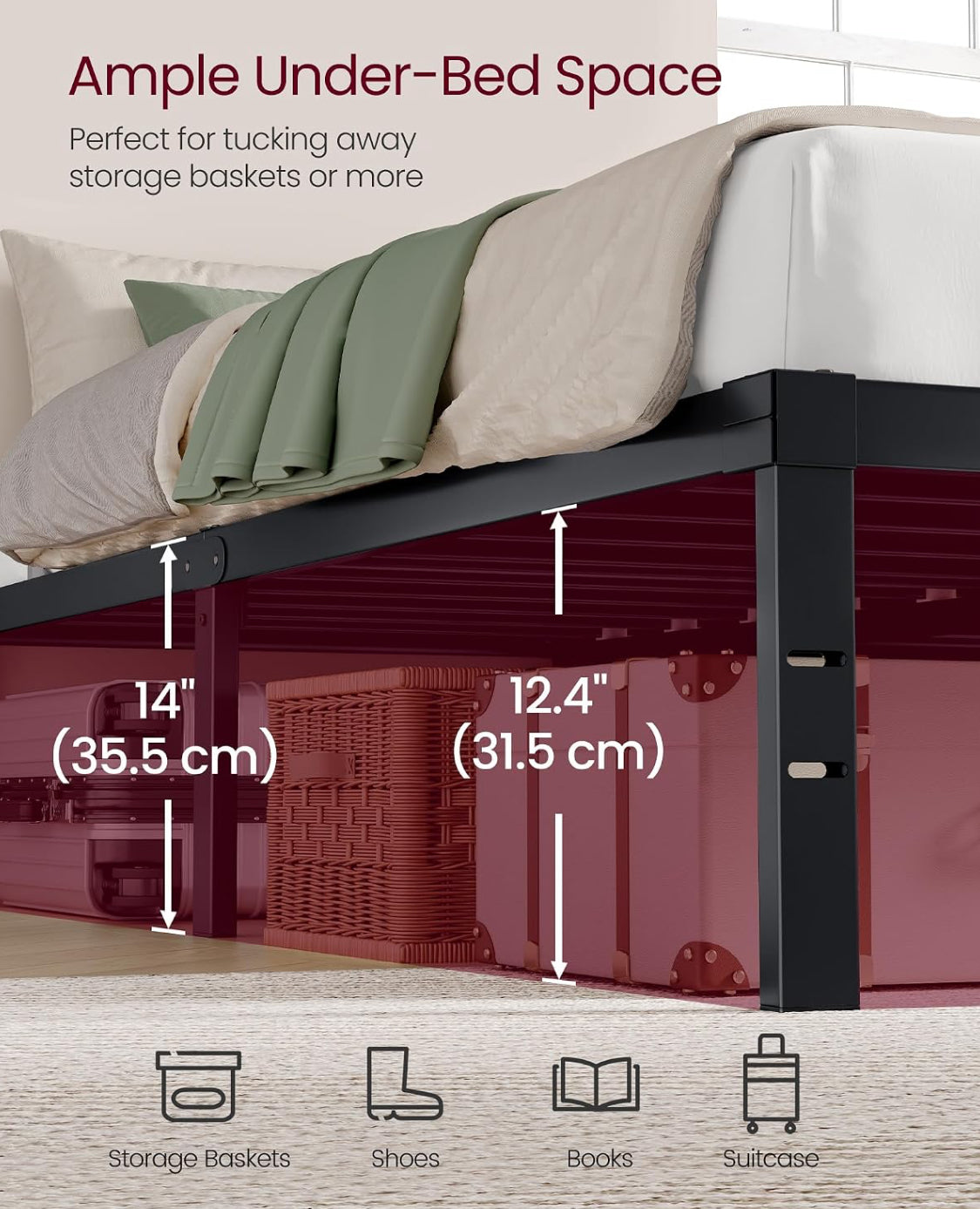 New Open Box VASAGLE King 14" Tall Black Metal Bed Frame, 1100lb Weight Capacity