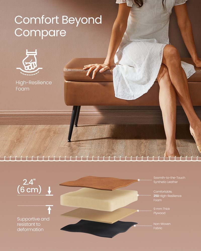 VASAGLE EKHO Collection Storage Ottoman Bench With Steel Legs, Caramel Brown