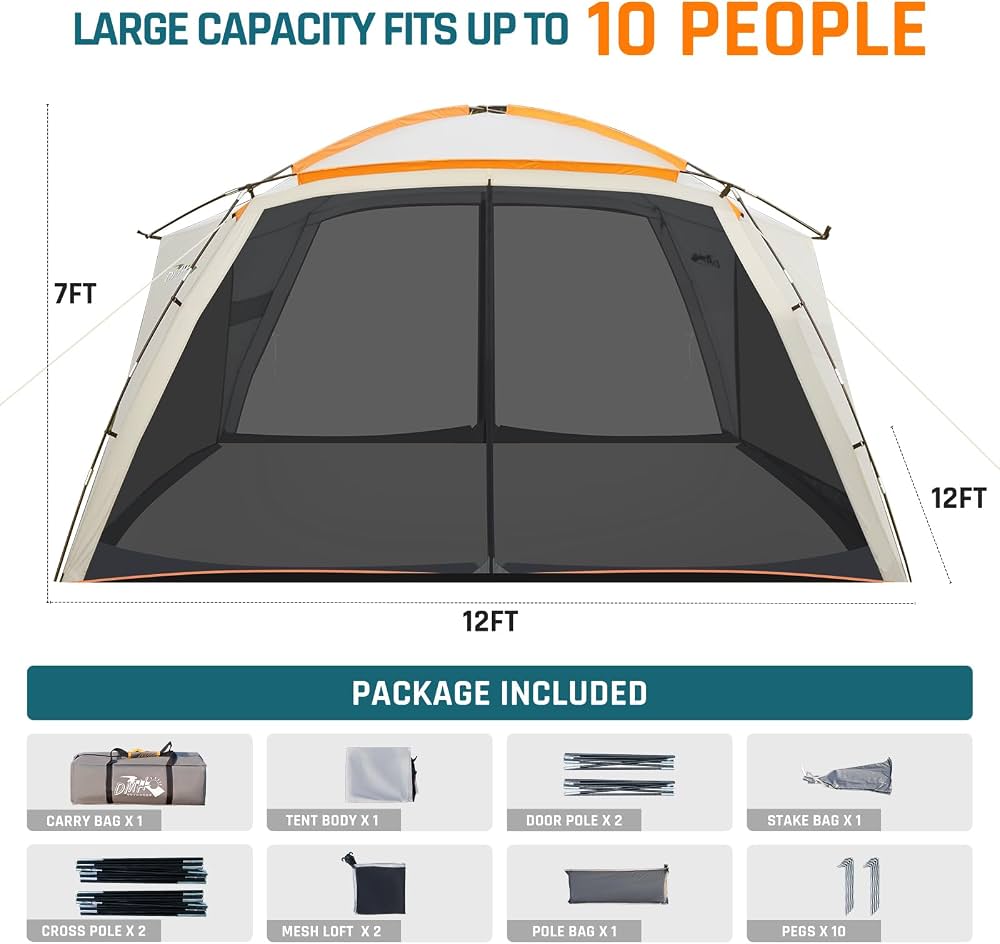 Like New DMH Outdoors 12’x12’ Screen House Tent With Mesh Walls & 2 Zipper Doors
