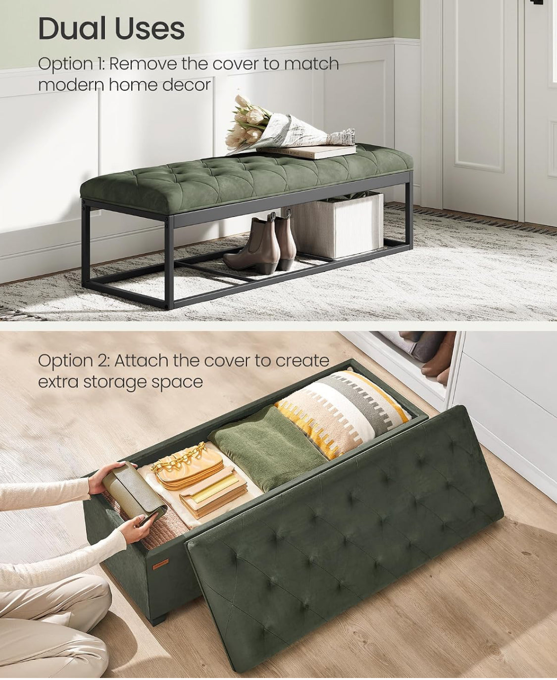 New Other SONGMICS 43”x16” Storage Ottoman Bench Foot Rest W/ Legs, Forest Green