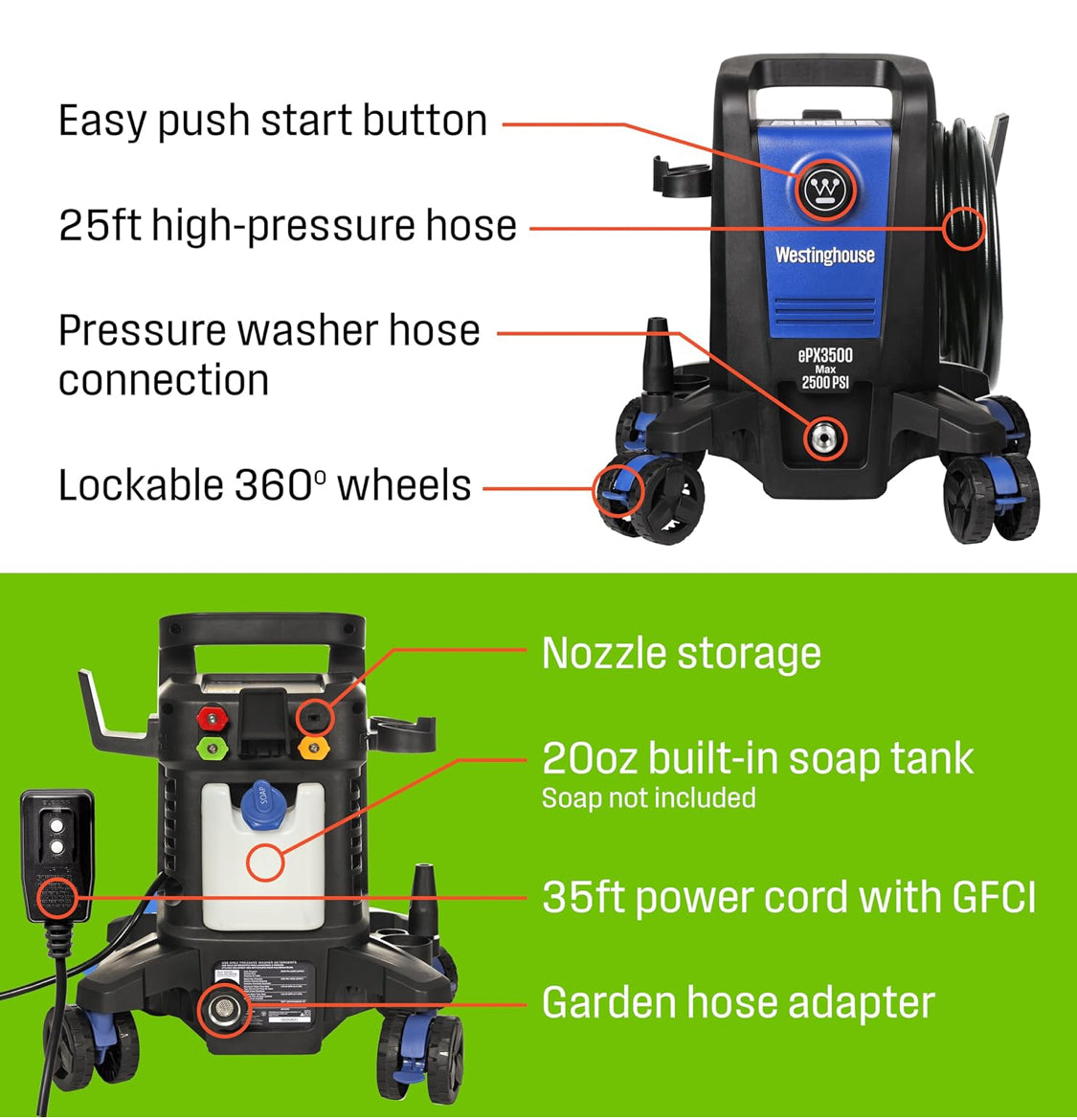 Westinghouse Electric Pressure Washer, 2500 Max PSI 1.76 Max GPM With Wheels