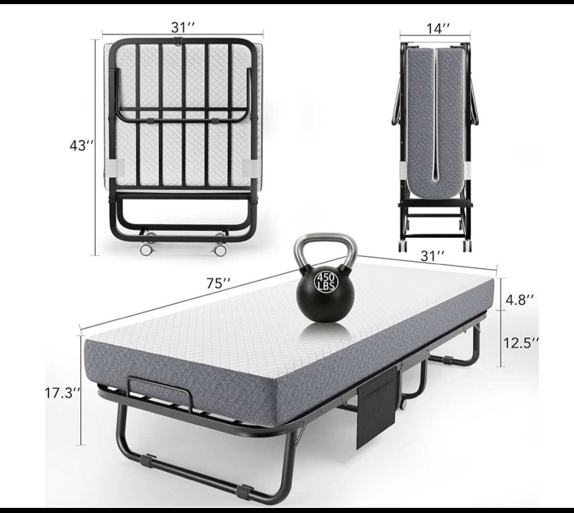 Like New Decofy Folding Twin Size Metal Frame Bed With Memory Foam Mattress