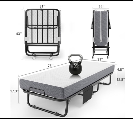 Like New Decofy Folding Twin Size Metal Frame Bed With Memory Foam Mattress