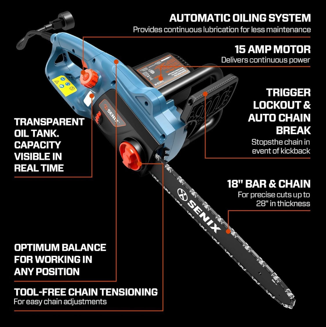 SENIX 18” Corded Electric Chainsaw With 15 Amp Motor
