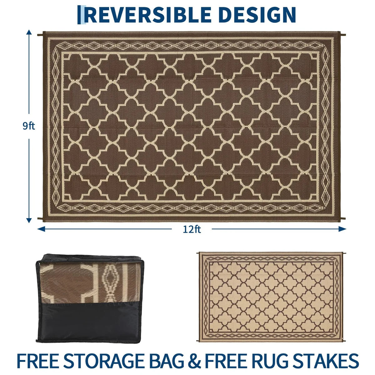 New Other Garvee 9’ x 12’ Outdoor Foldable Reversible Plastic Straw Rug, Brown