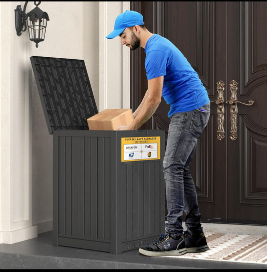 New Open Box LHBGO Outdoor 48 Gallon Lockable Package Delivery Box W/ Sign, Grey