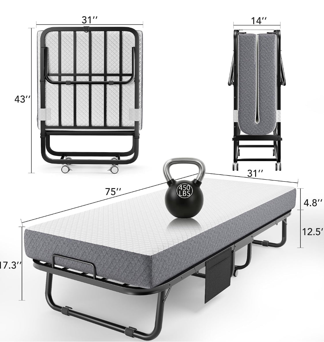 New Open Box Decofy Portable Folding Bed With Wheels & Memory Foam Mattress