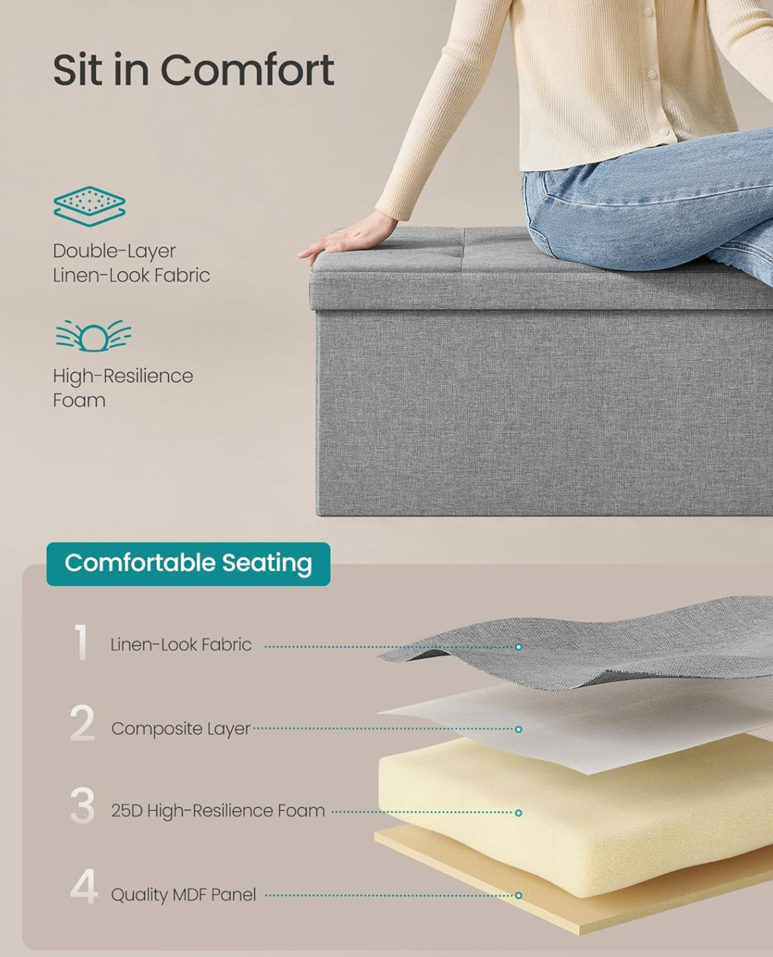 New Open Box SONGMICS 43.3" Folding Storage Ottoman Bench, Light Gray