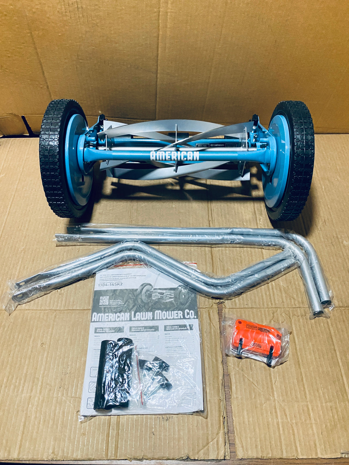 New Open Box American Lawn Mower 14-Inch 5-Blade Reel Mower With Sharpener, Blue