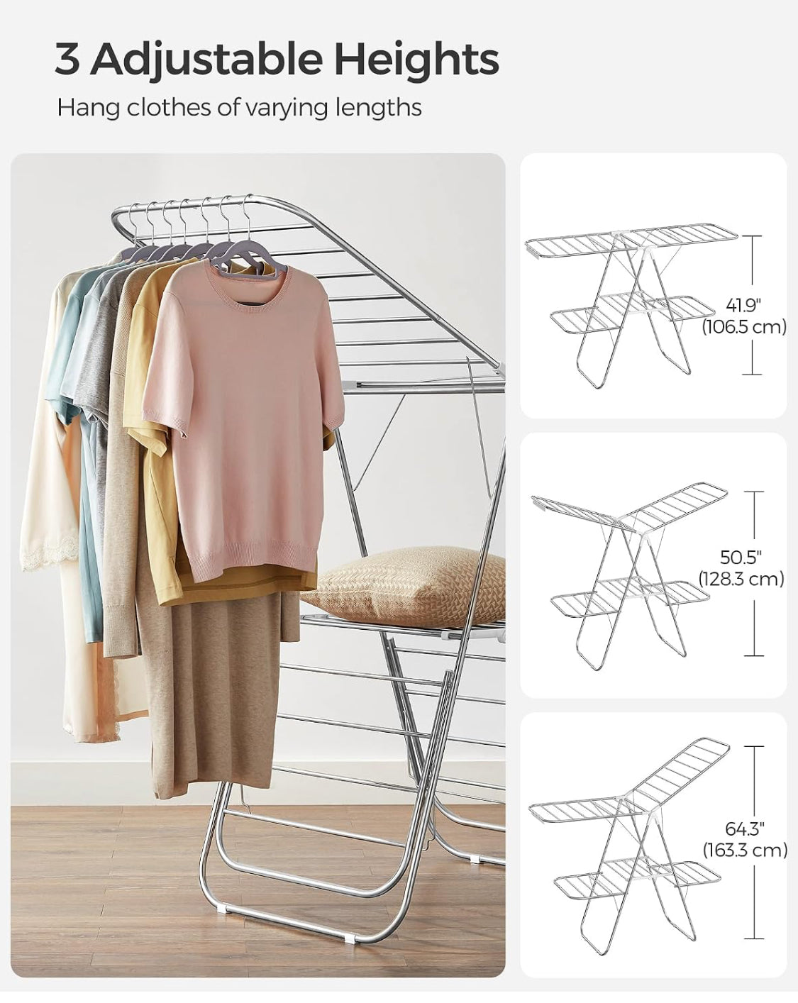 New SONGMICS Foldable 2-Level Laundry Clothes Drying Rack, Silver