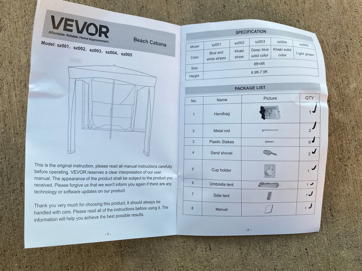 New Open Box VEVOR 8’x8’ Beach Canopy Cabana With Side Wall & Carrying Bag