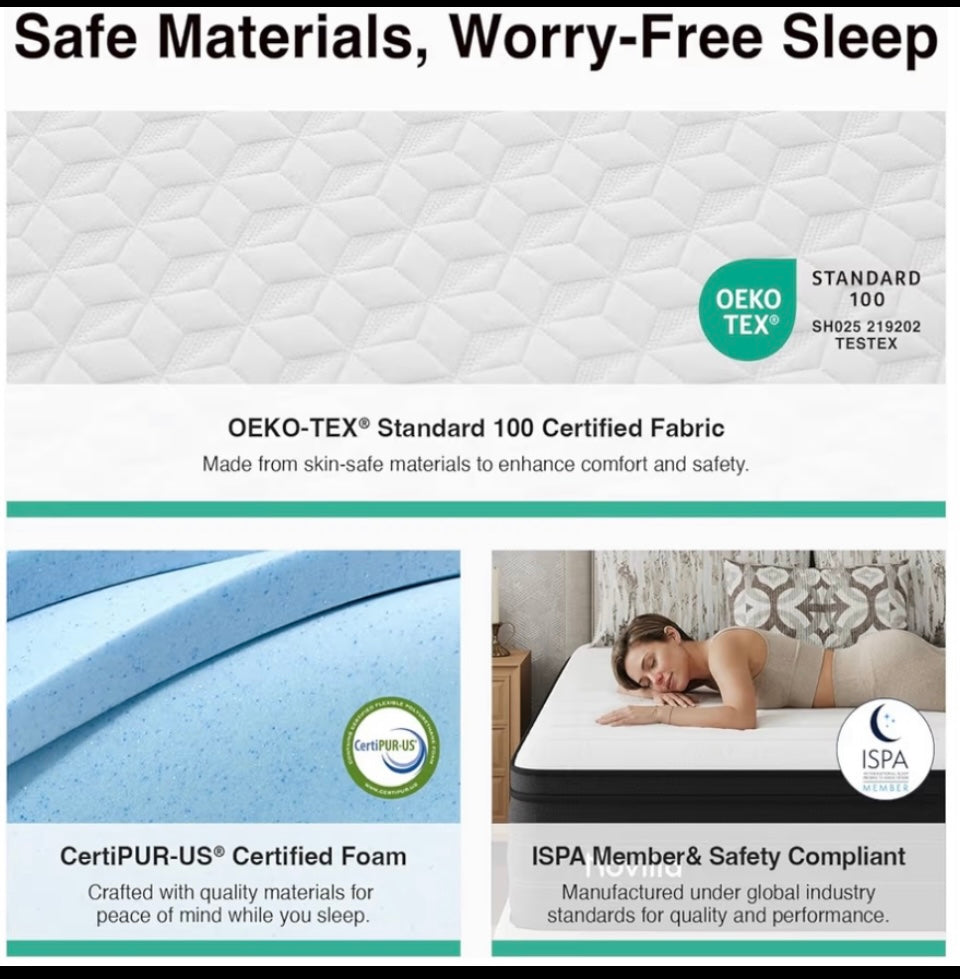 New Novilla 10” Twin Cooling Hybrid Gel Memory Foam Mattress