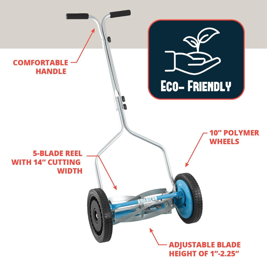 New Open Box American Lawn Mower 14-Inch 5-Blade Reel Mower With Sharpener, Blue