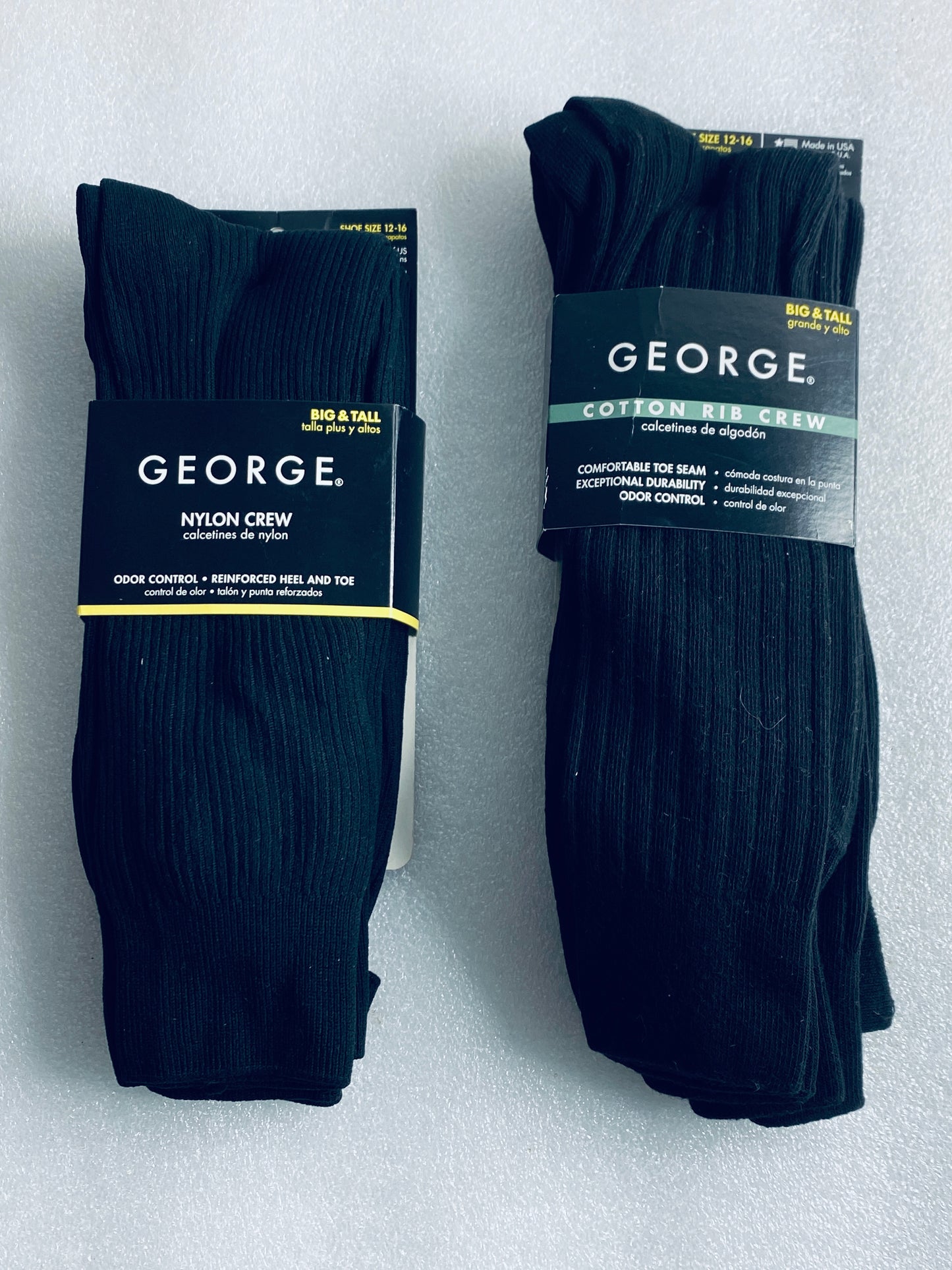 lot Of 2 New–George Nylon Crew & Cotton Rib Crew Socks, Shoe Size 6-12, 6 Pairs