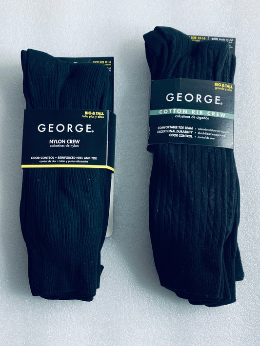 lot Of 2 New–George Nylon Crew & Cotton Rib Crew Socks, Shoe Size 6-12, 6 Pairs