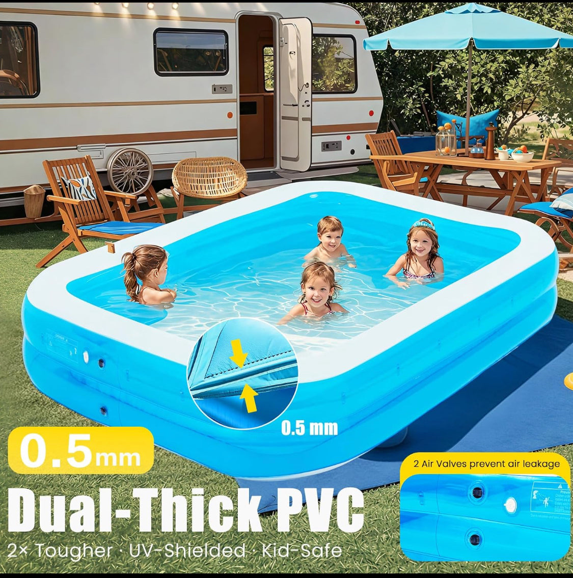 New DanRelax 119"x84"x17" Kids Inflatable Pool W/ LED Lights & Electric Air Pump