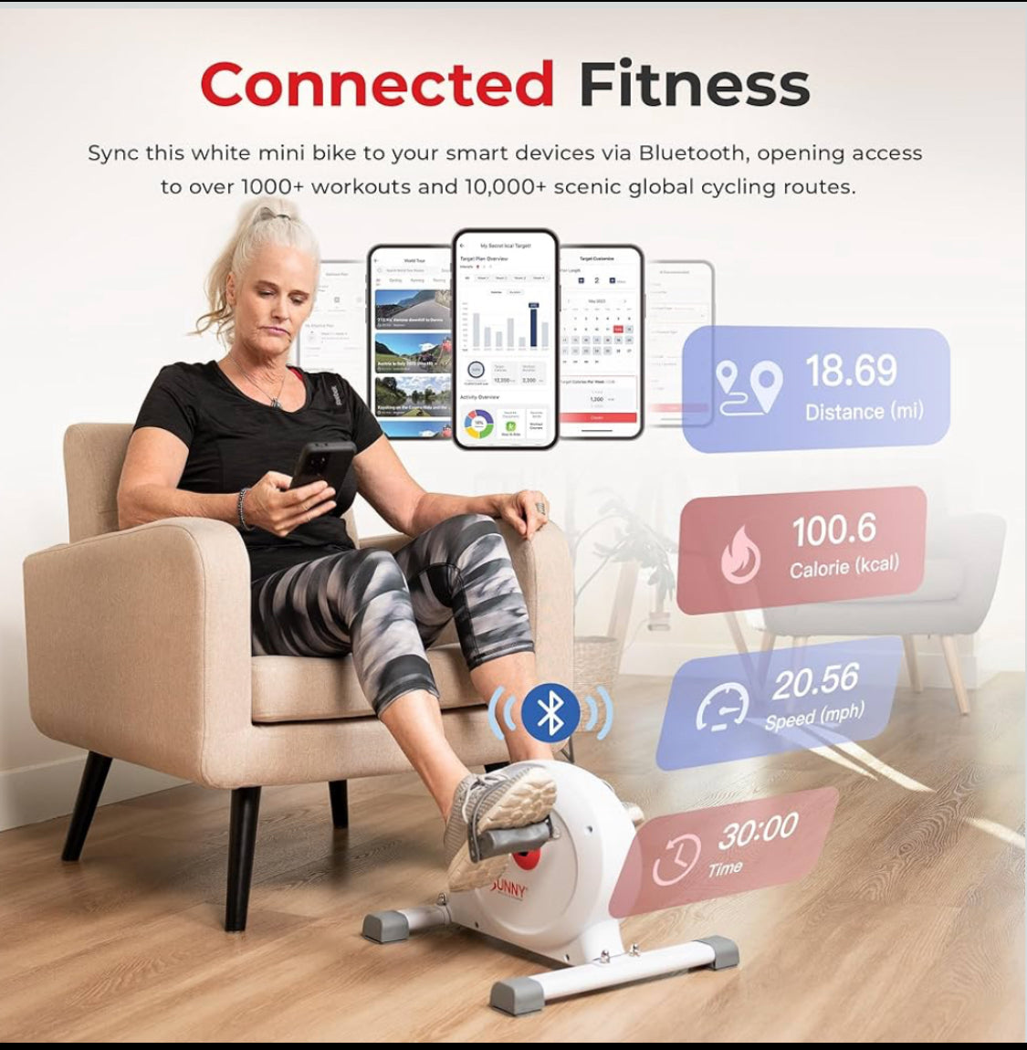New Other Sunny Health & Fitness White Smart Mini Exercise Bike With Bluetooth
